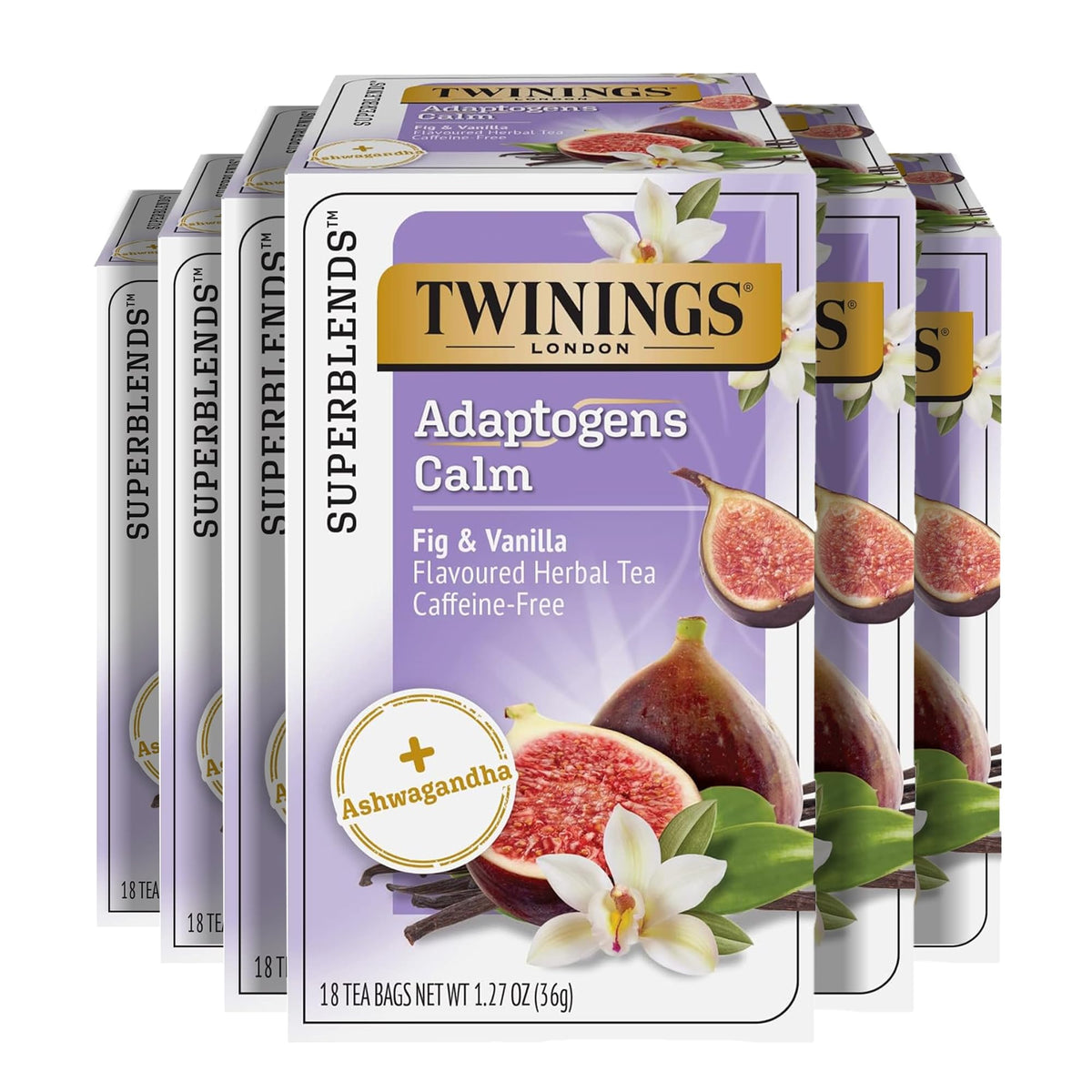 Twinings front pack showing Ashwagandha Fig & Vanilla blend and six-box set benefit convenience