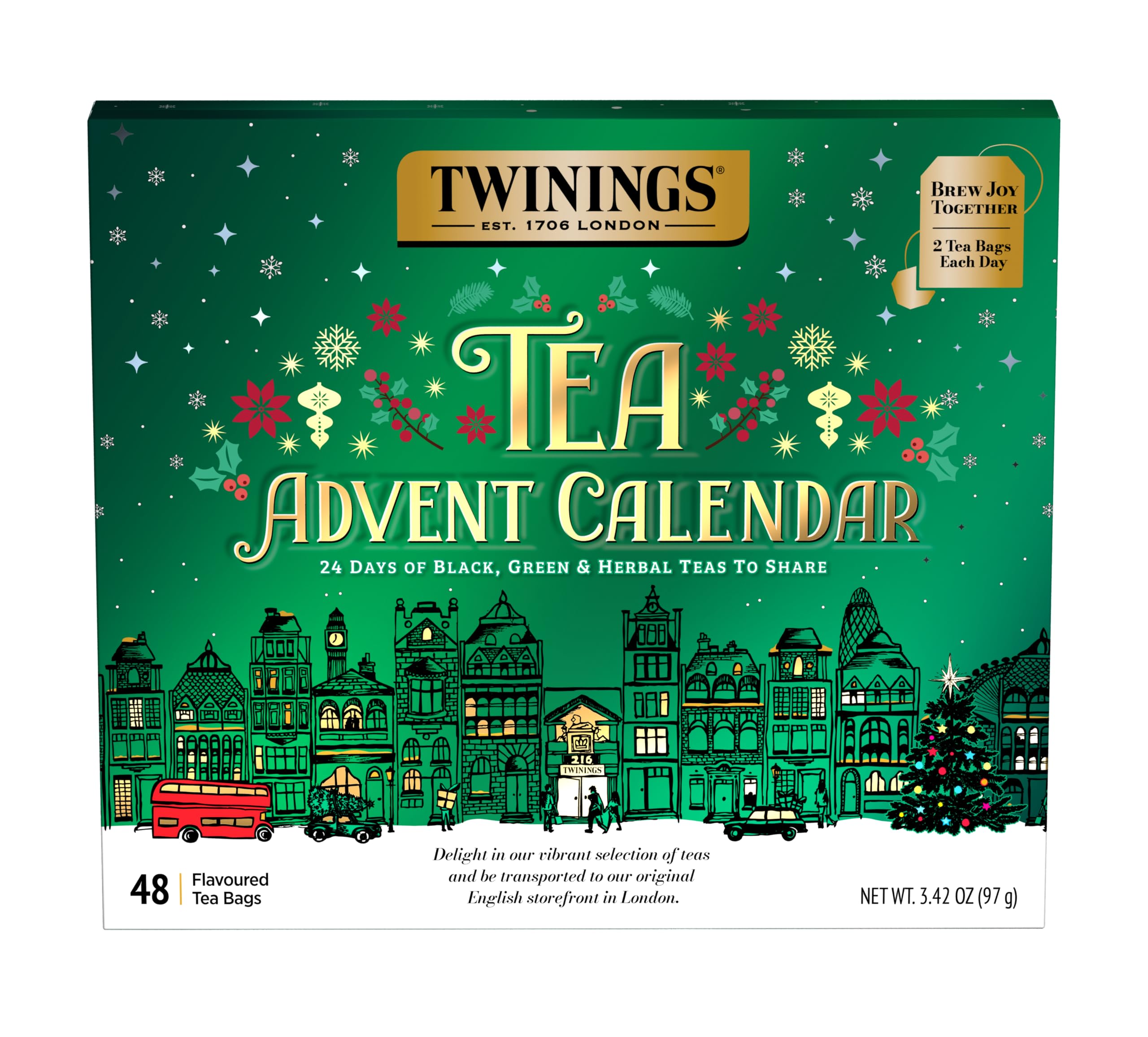 Twinings advent calendar front packaging showing festive design and gift-ready box benefits