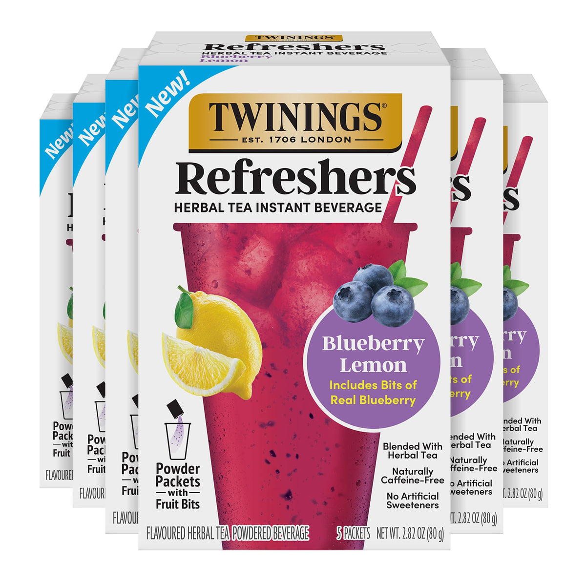 Twinings front packaging showing blueberry lemon Refreshers and serving suggestion benefit convenience