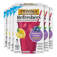 Twinings front packaging showing blueberry lemon Refreshers and serving suggestion benefit convenience
