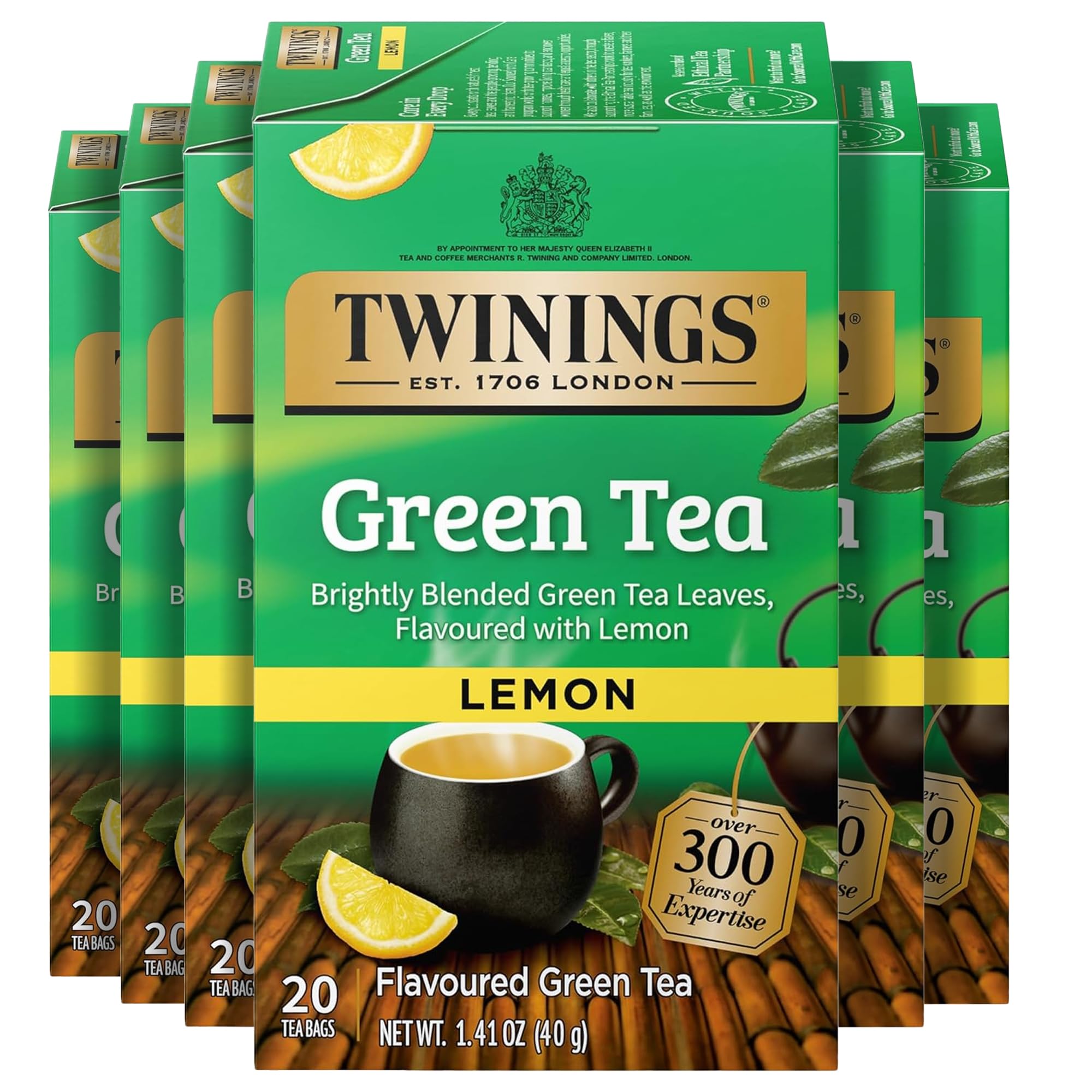 Twinings box front view showing lemon green tea, brand and pack benefits