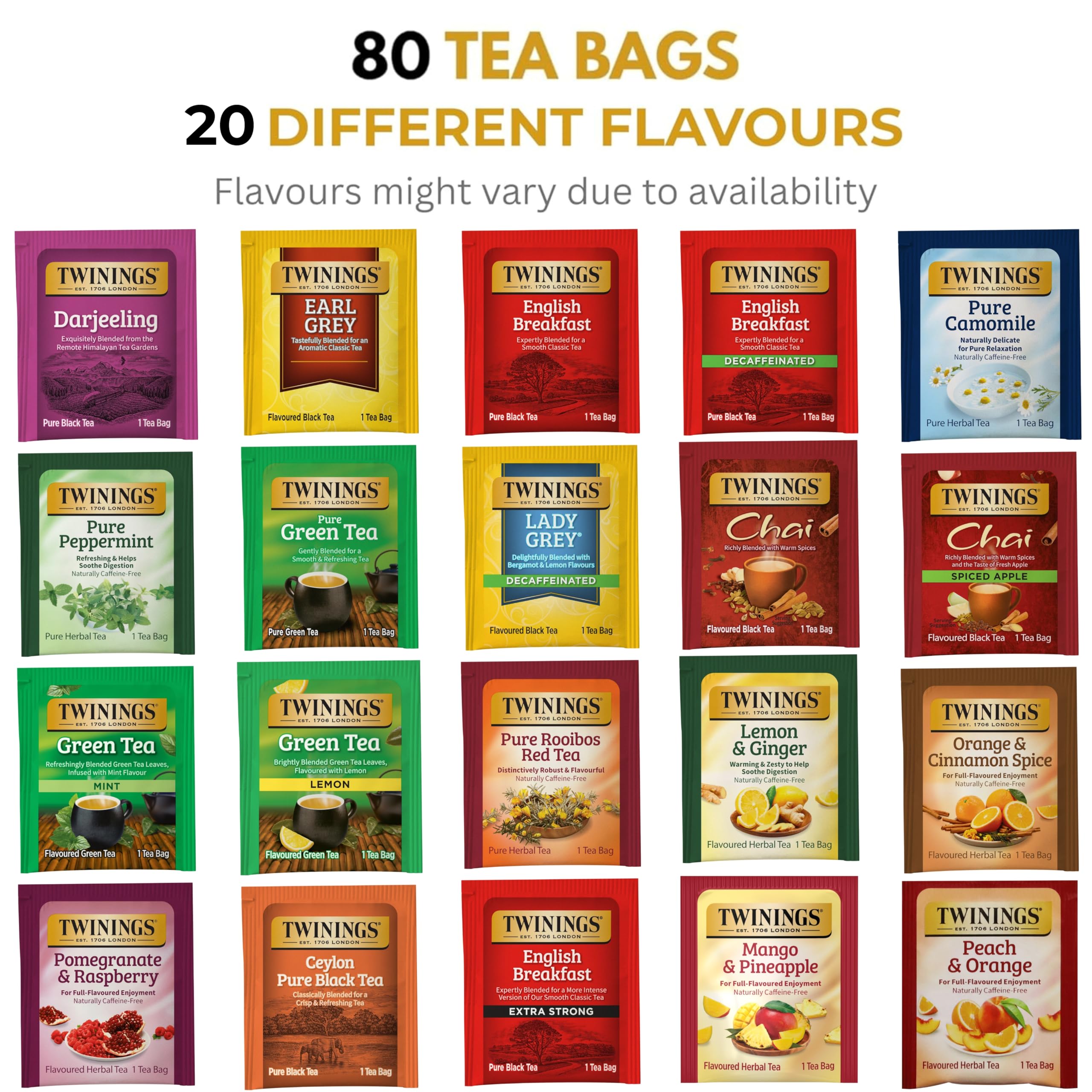 Twinings box open with neatly arranged tea bags for easy selection