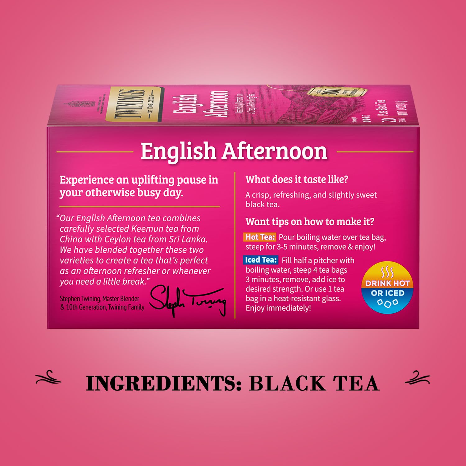 Twinings brewed cup steaming, demonstrates a bright, inviting cup