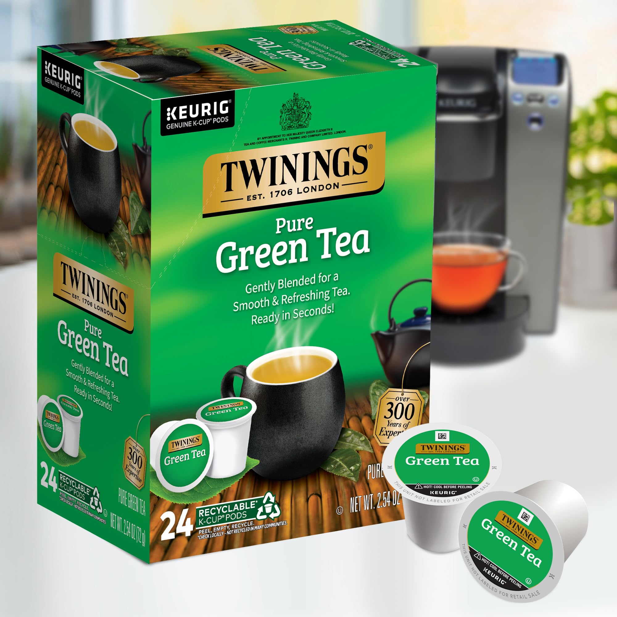 Twinings brewed cup top view highlights light golden color and aroma