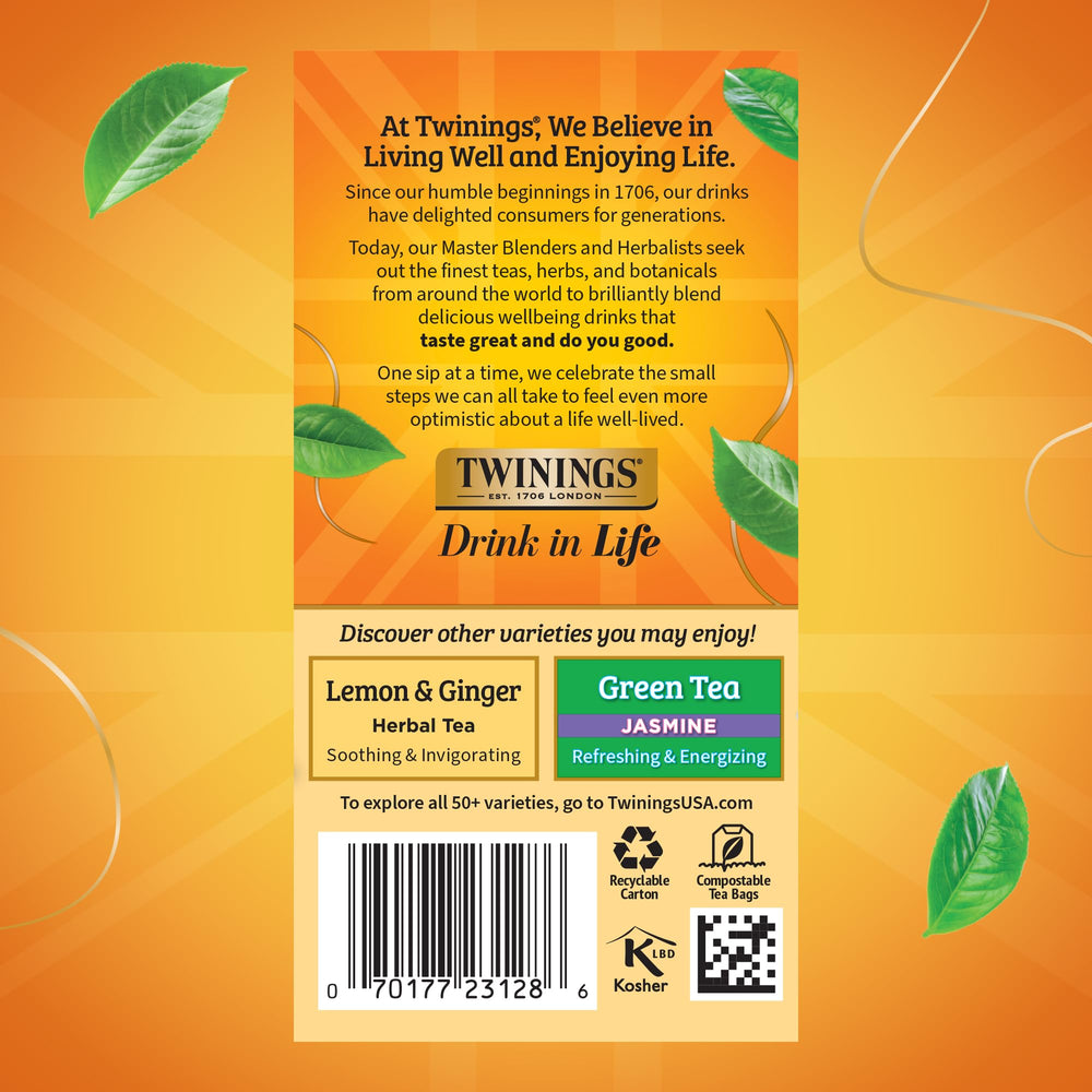 Twinings open box revealing neatly arranged sealed teabags for convenient storage
