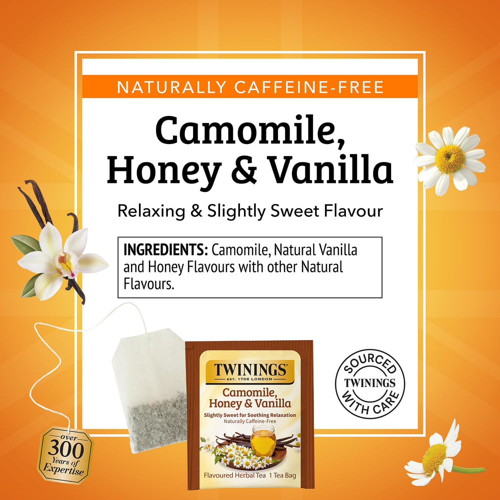 Twinings brewed cup of camomile honey vanilla highlighting soothing warm beverage