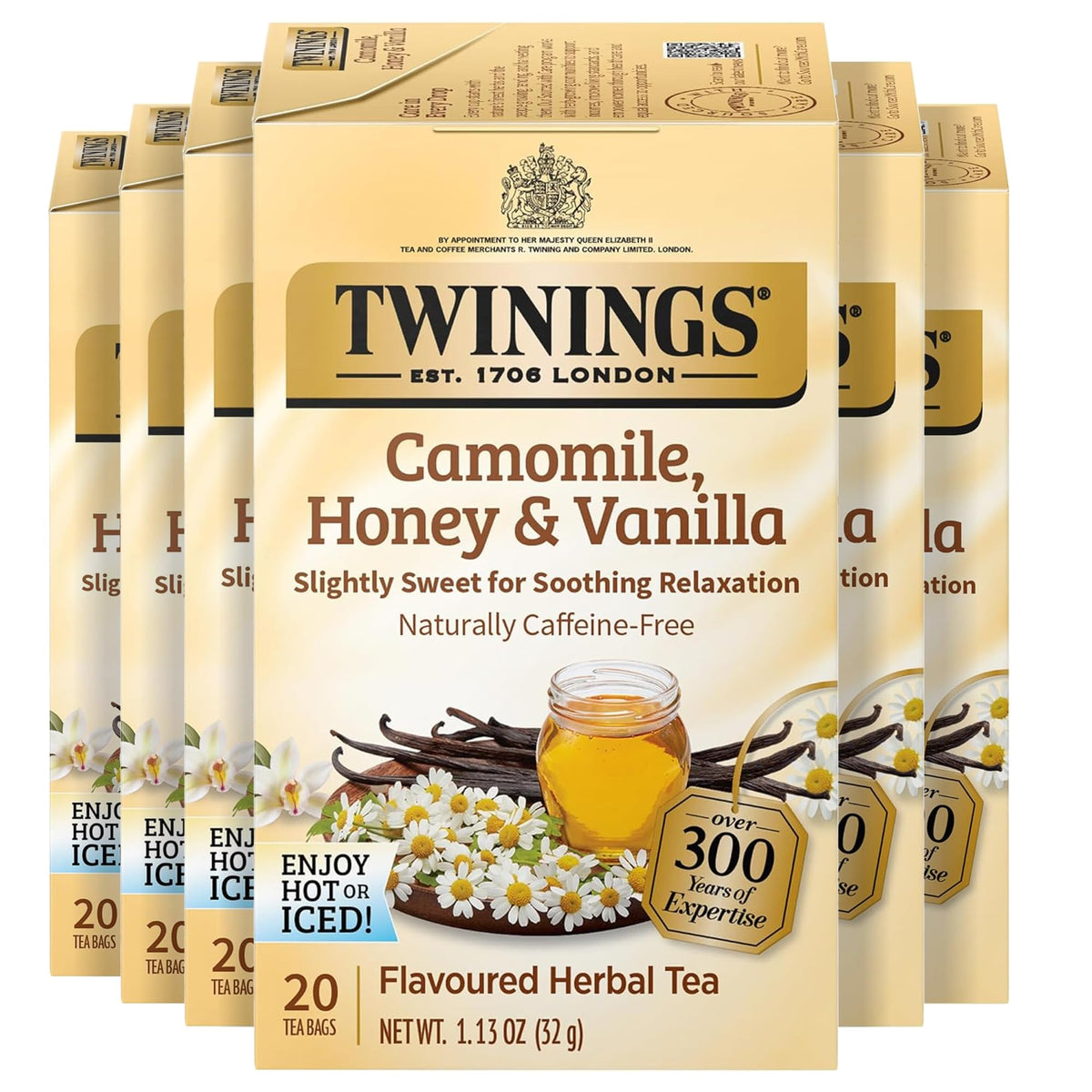 Twinings front packaging showing six 20-count boxes and product name benefit clarity