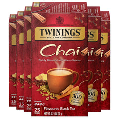 Twinings box front view showing chai packaging and 25-count label for convenience
