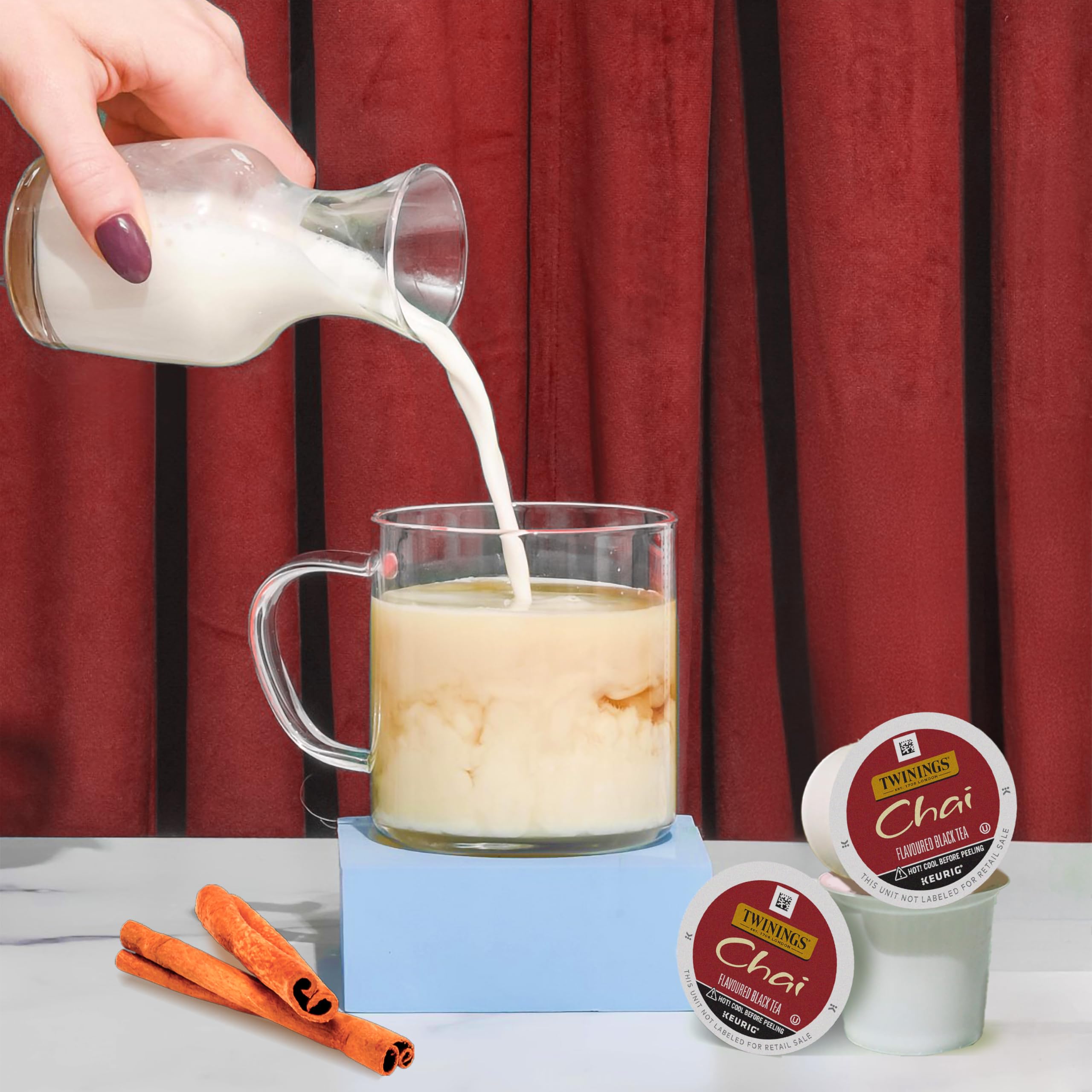 Steaming mug of Twinings chai brewed from a K-Cup, offering warming aromatic flavor