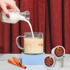 Steaming mug of Twinings chai brewed from a K-Cup, offering warming aromatic flavor