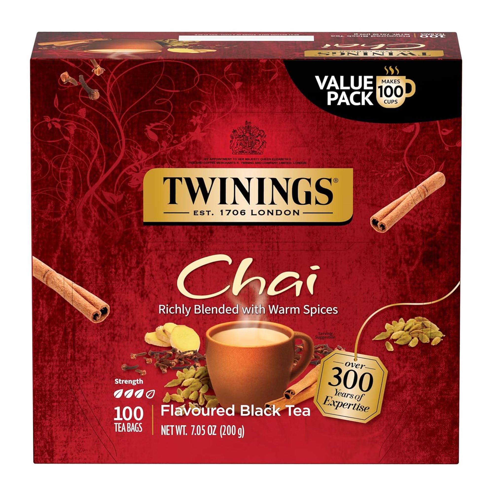Twinings front packaging showing 100-count chai tea bags and benefits of freshness