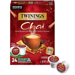 Twinings front box of chai K-Cup pods showing branding and count, convenient supply