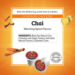 Close-up of a Twinings chai K-Cup pod lid displaying label and single-serve convenience
