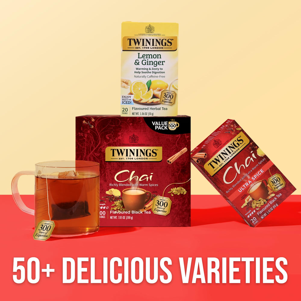 Twinings box beside a mug and ruler to show pack size and serving convenience