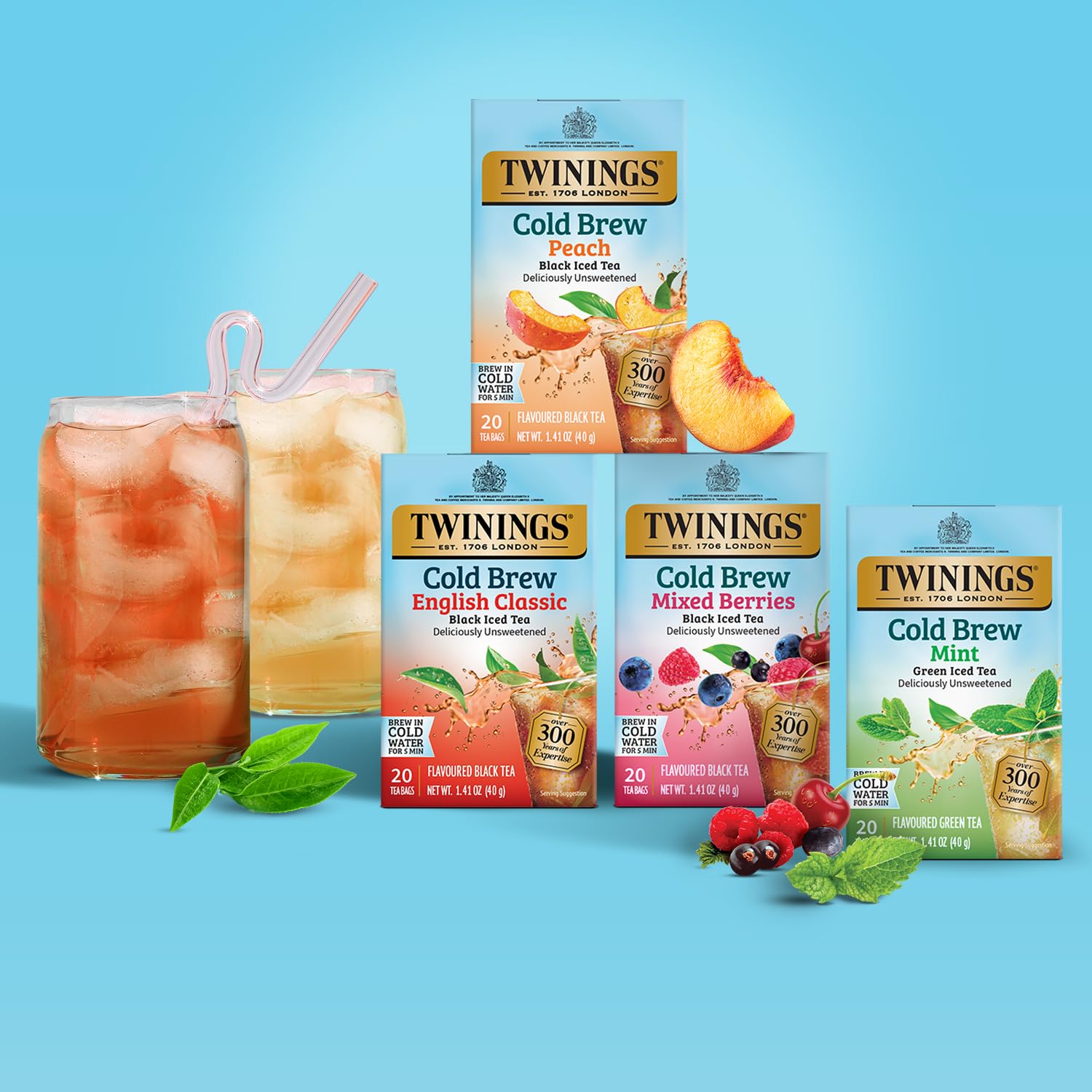 Twinings individually wrapped tea bags staged for travel showing sealed freshness