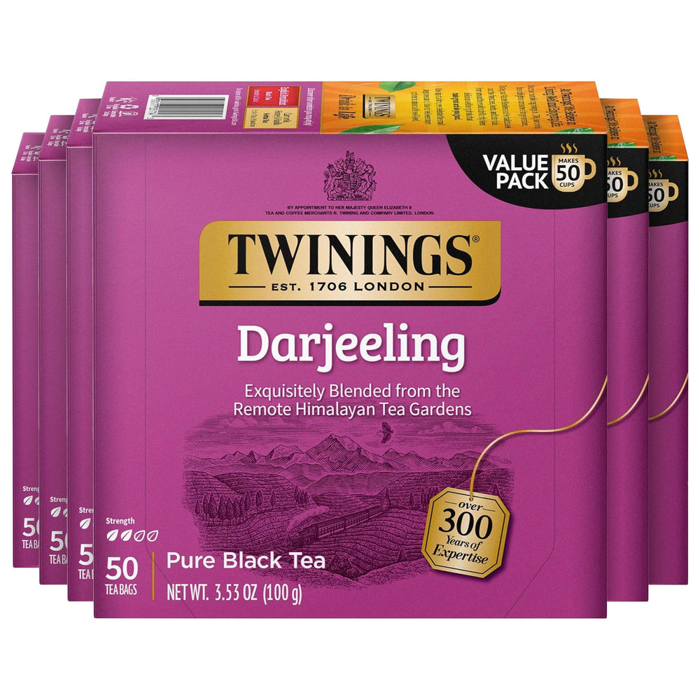 Twinings Darjeeling front packaging showing product count and benefits