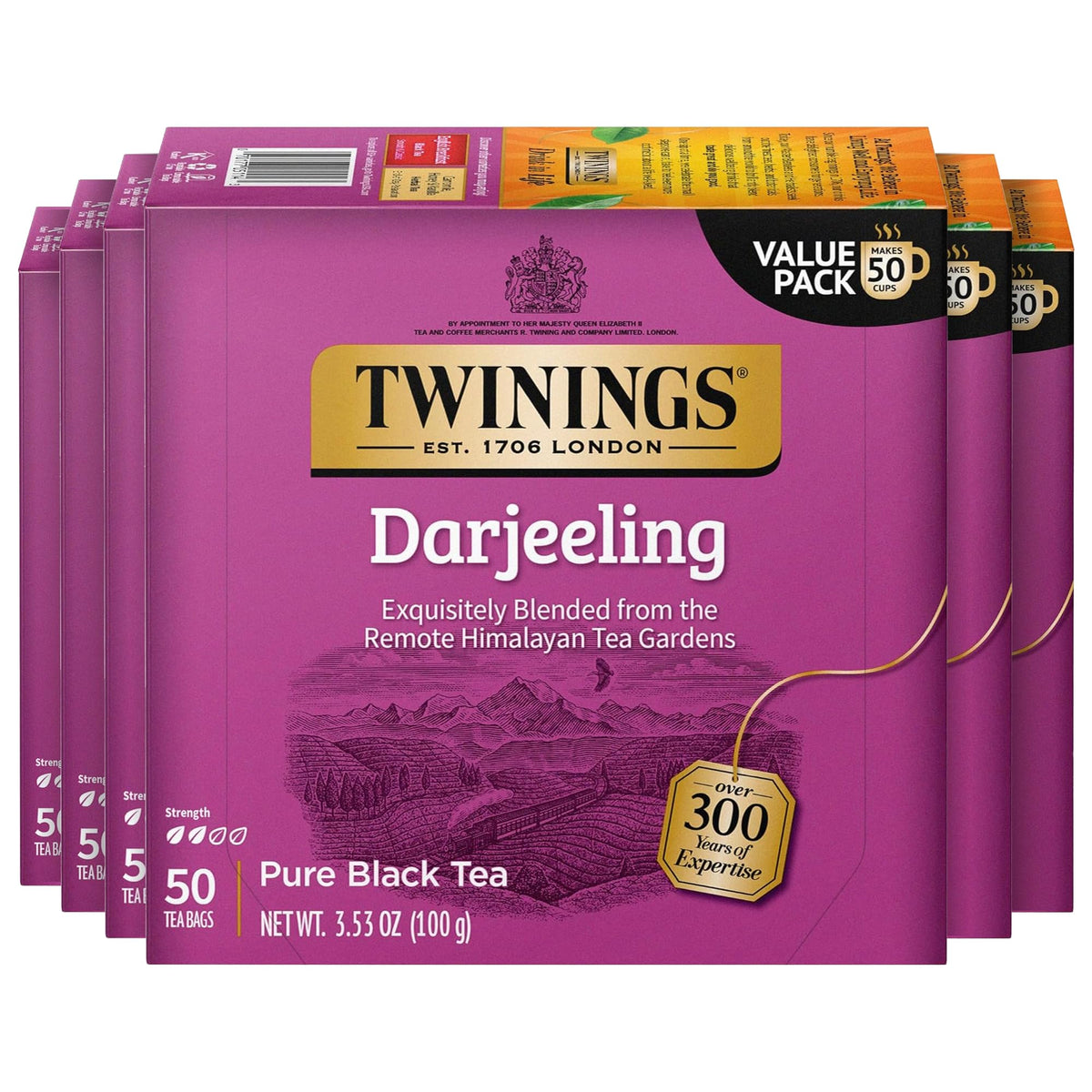 Twinings Darjeeling front packaging showing product count and benefits