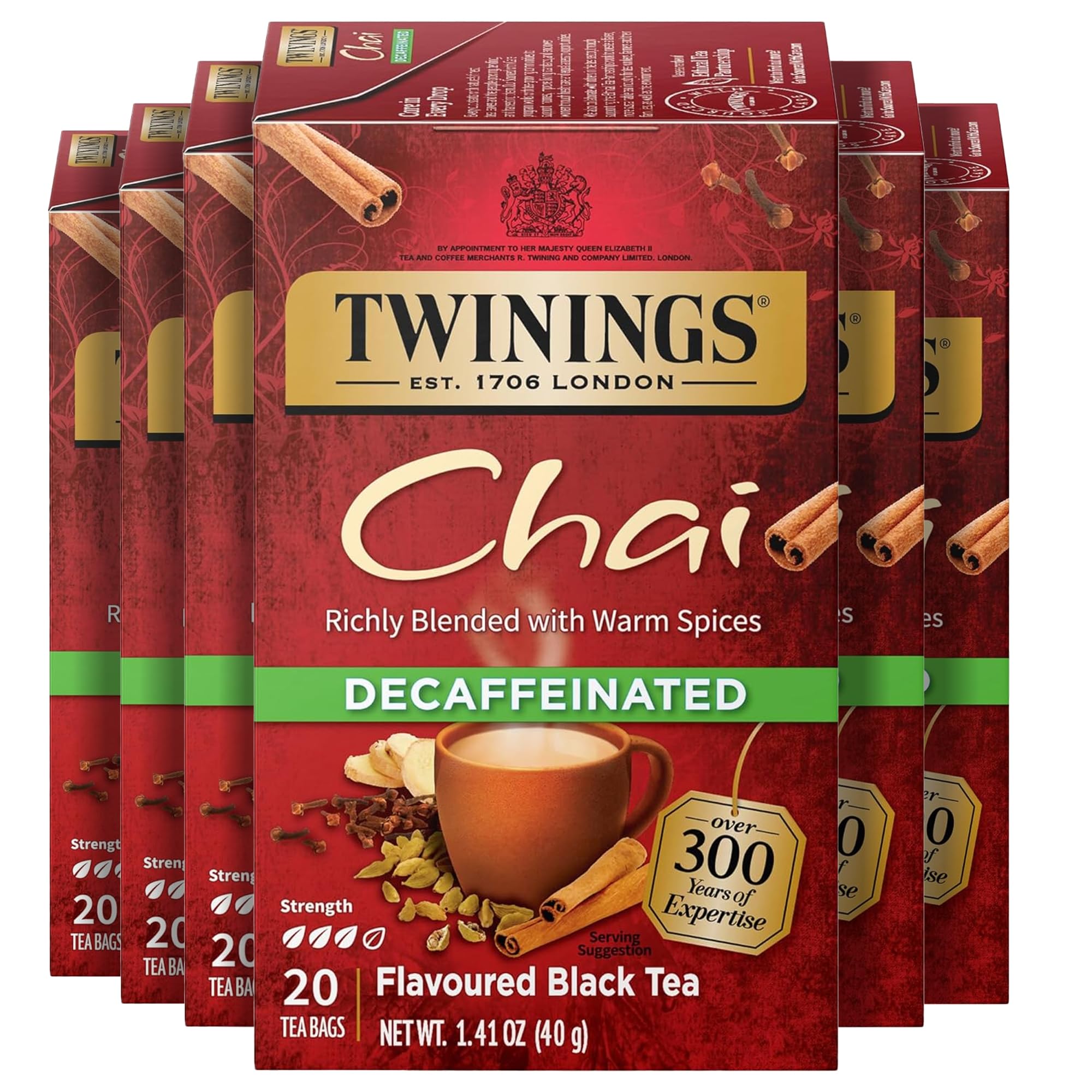 Twinings decaffeinated chai front box showing brand and pack details, convenient supply