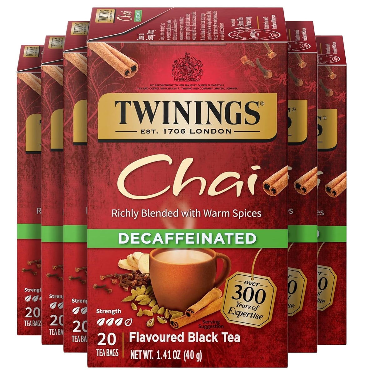 Twinings decaffeinated chai front box showing brand and pack details, convenient supply