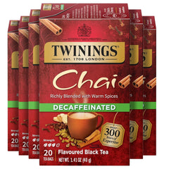 Twinings decaffeinated chai front box showing brand and pack details, convenient supply