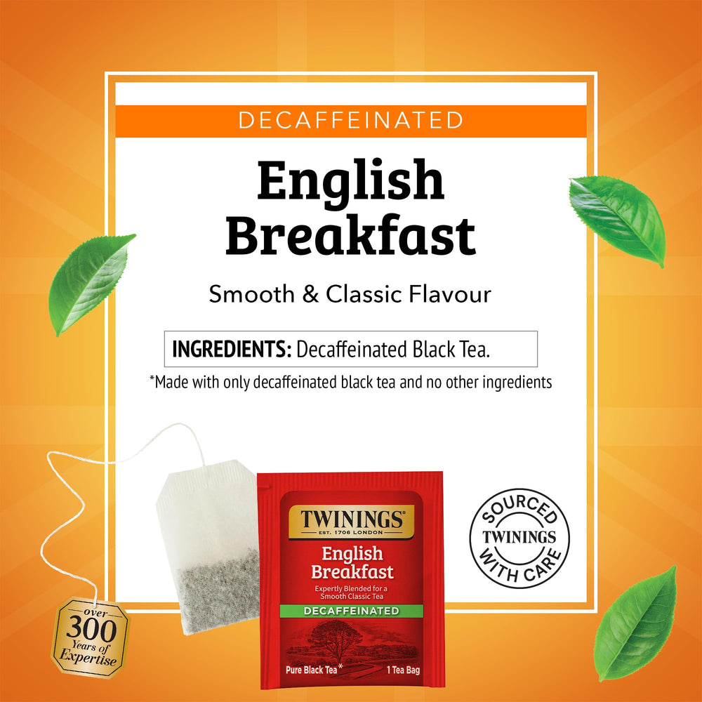 Glass of iced Twinings decaffeinated English Breakfast, refreshing caffeine-free option