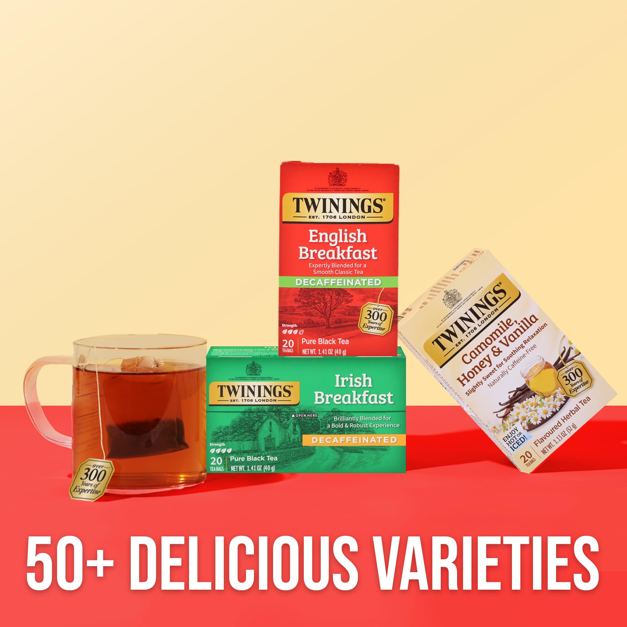 Twinings decaffeinated pack next to a mug for scale and convenience comparison