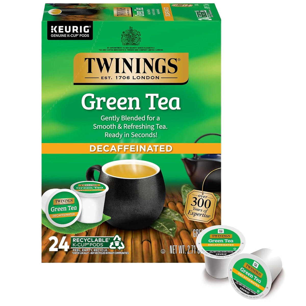Twinings front box showing 24-count decaf green tea pods and easy serving