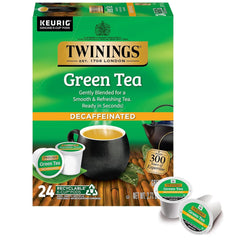 Twinings front box showing 24-count decaf green tea pods and easy serving