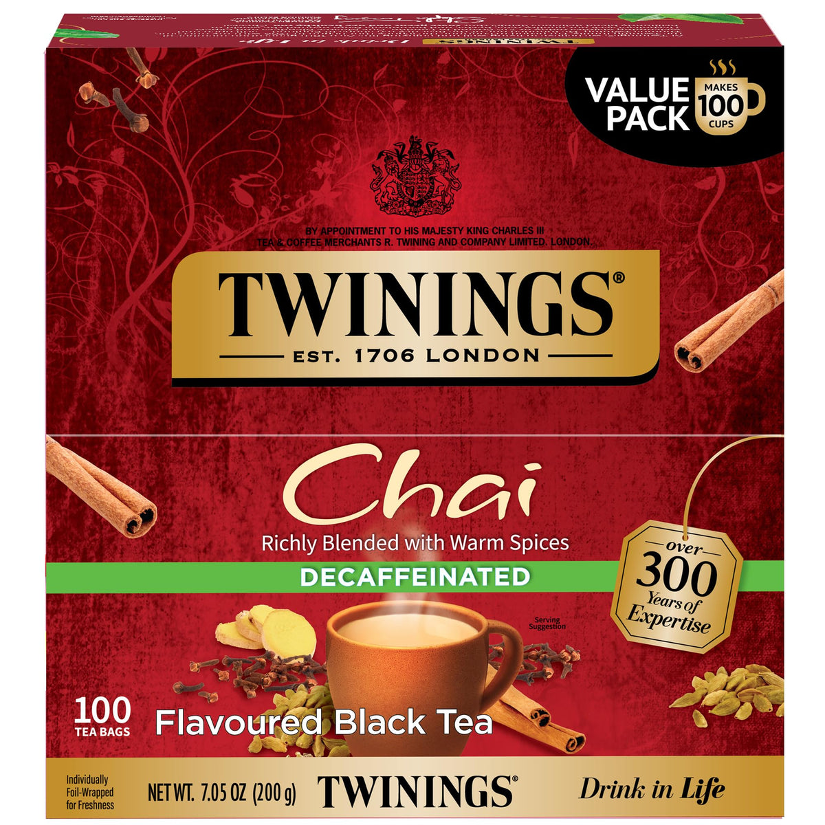 Twinings front box showing 100-count decaffeinated chai, clear branding and benefits