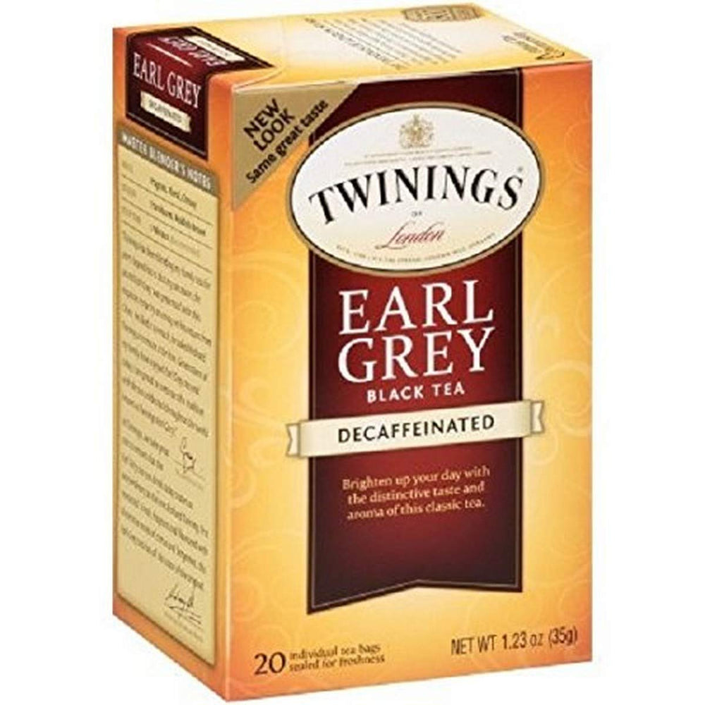 Twinings decaffeinated Earl Grey front packaging showing sealed box and tea benefits