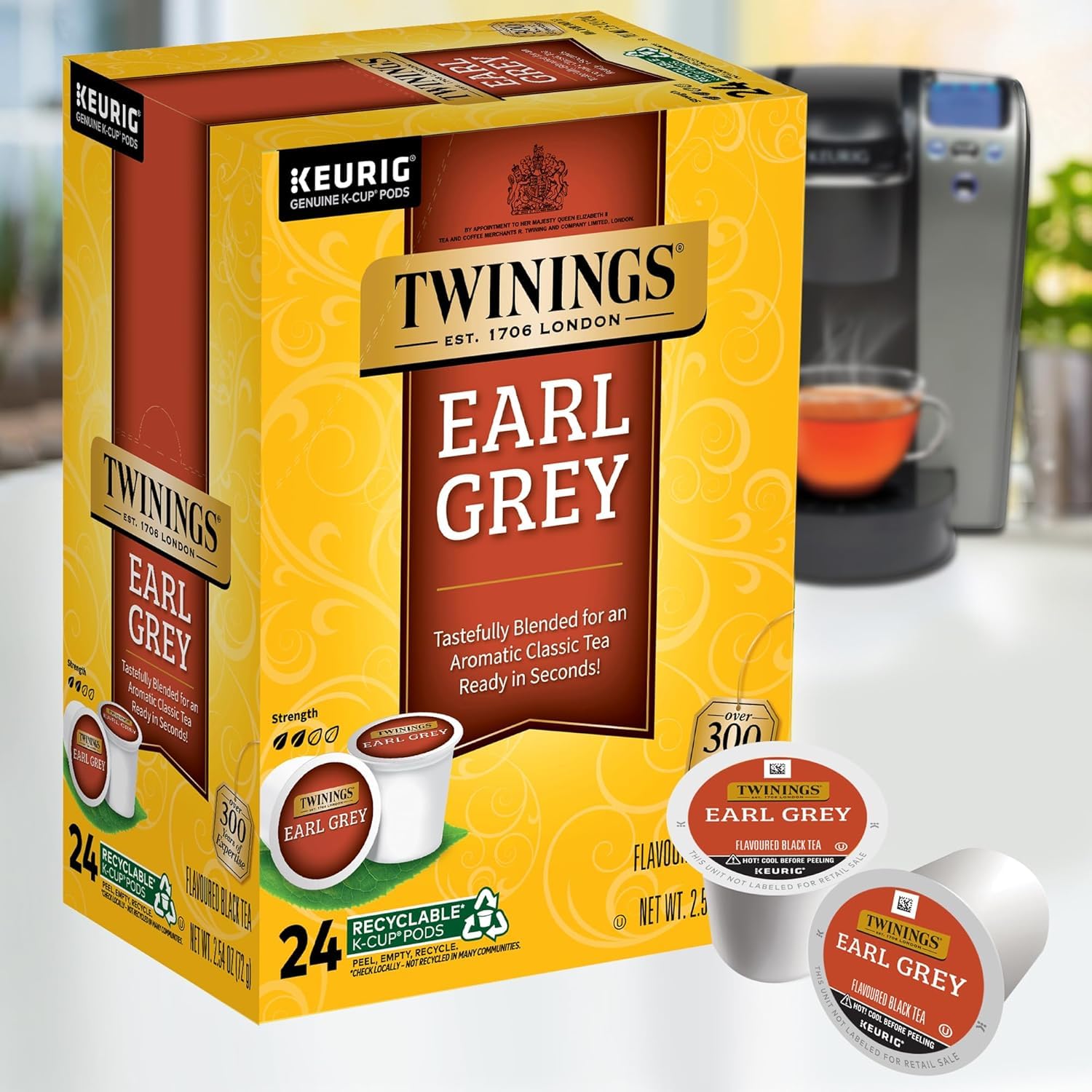 Steaming cup of brewed Twinings Earl Grey tea demonstrating aromatic bergamot flavor