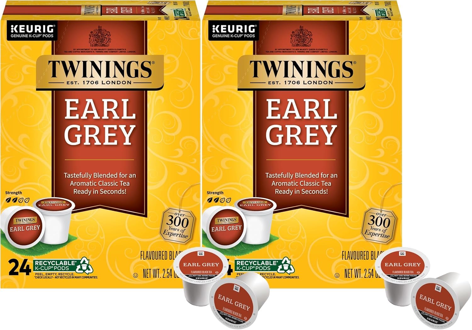 Twinings Earl Grey front packaging showing two boxes and branding, convenient storage benefit