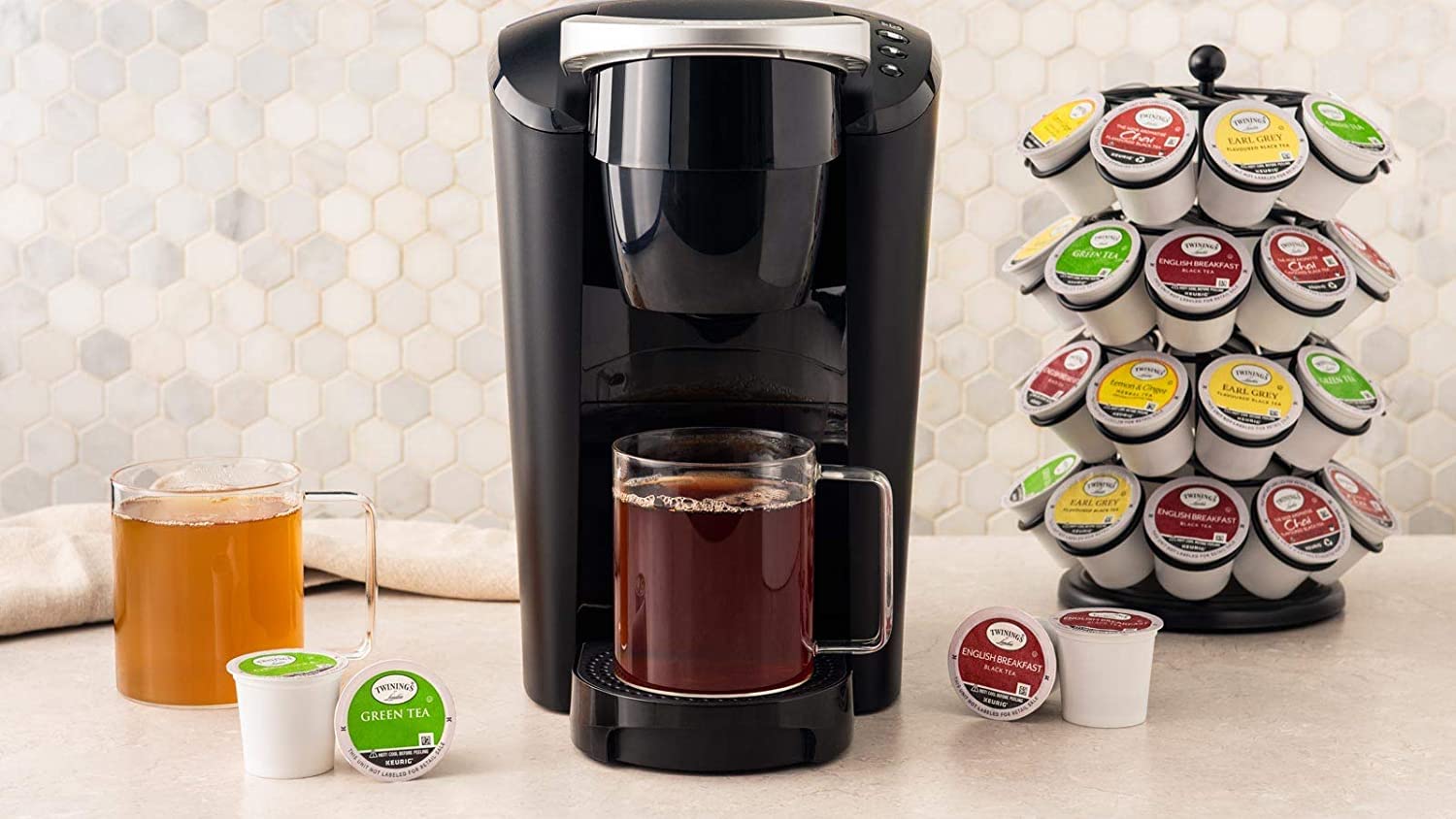 K-Cup beside a measuring tape for Twinings size comparison and portion clarity