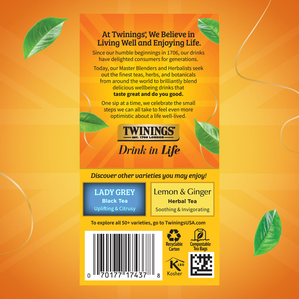 Twinings teabags beside a ruler to show size, illustrating convenient single-serve portions