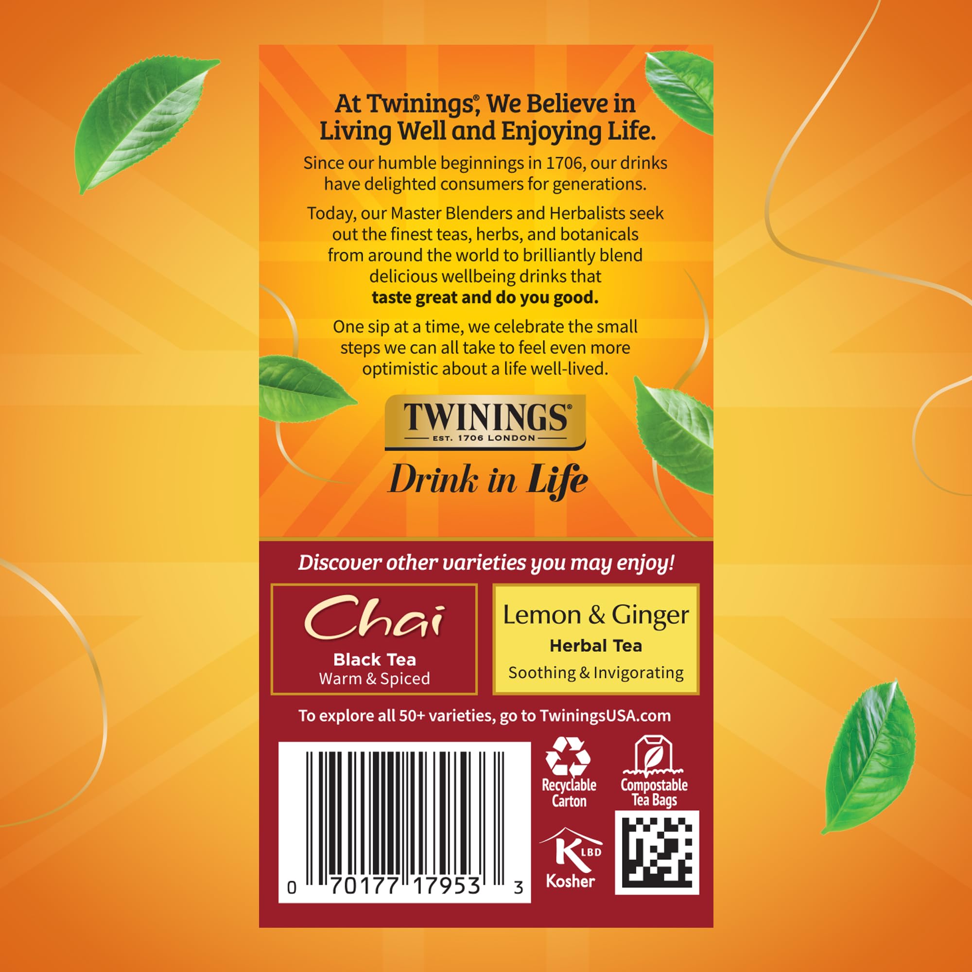 Array of Twinings individually wrapped bags emphasizing portability and convenience