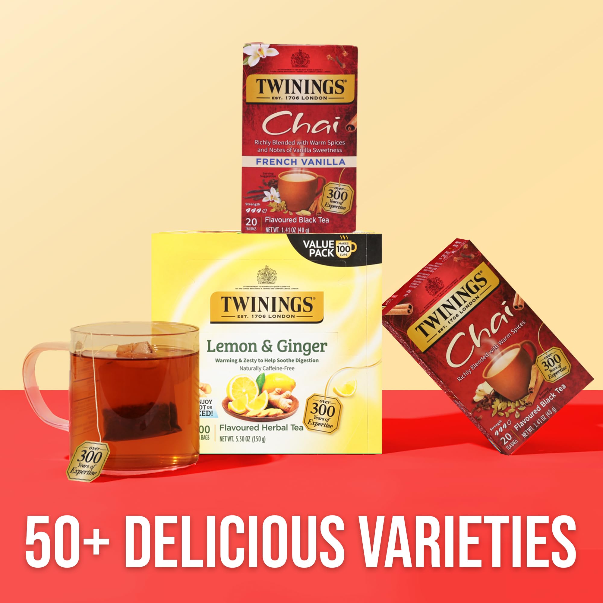Six-pack Twinings boxes beside a mug for scale and value benefit