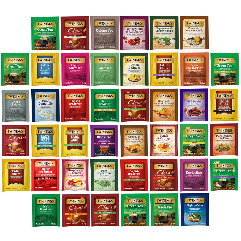 Twinings front box showing assortment and quantity, perfect for sampling