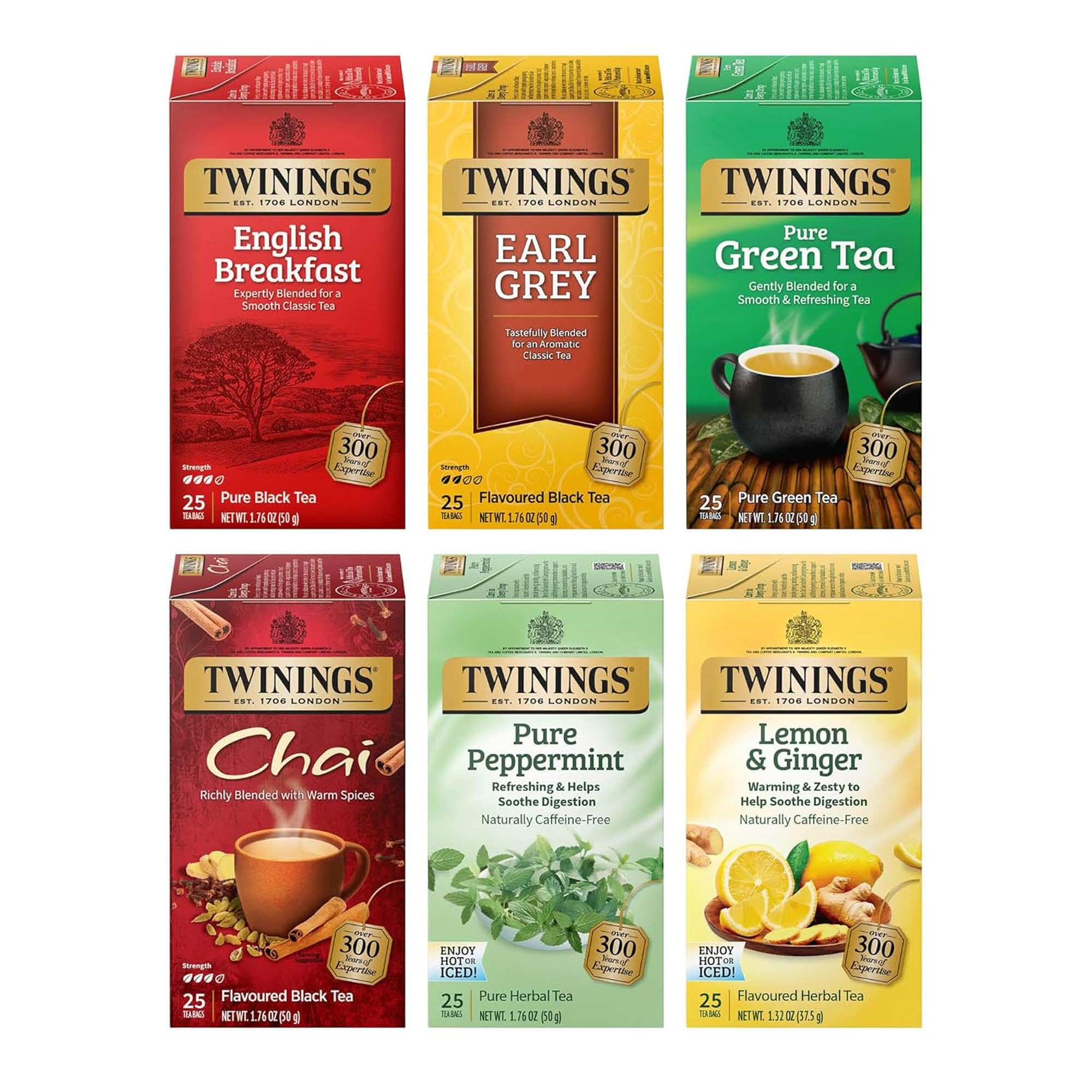Twinings front packaging showing six boxed varieties and clear labeling, convenient assortment