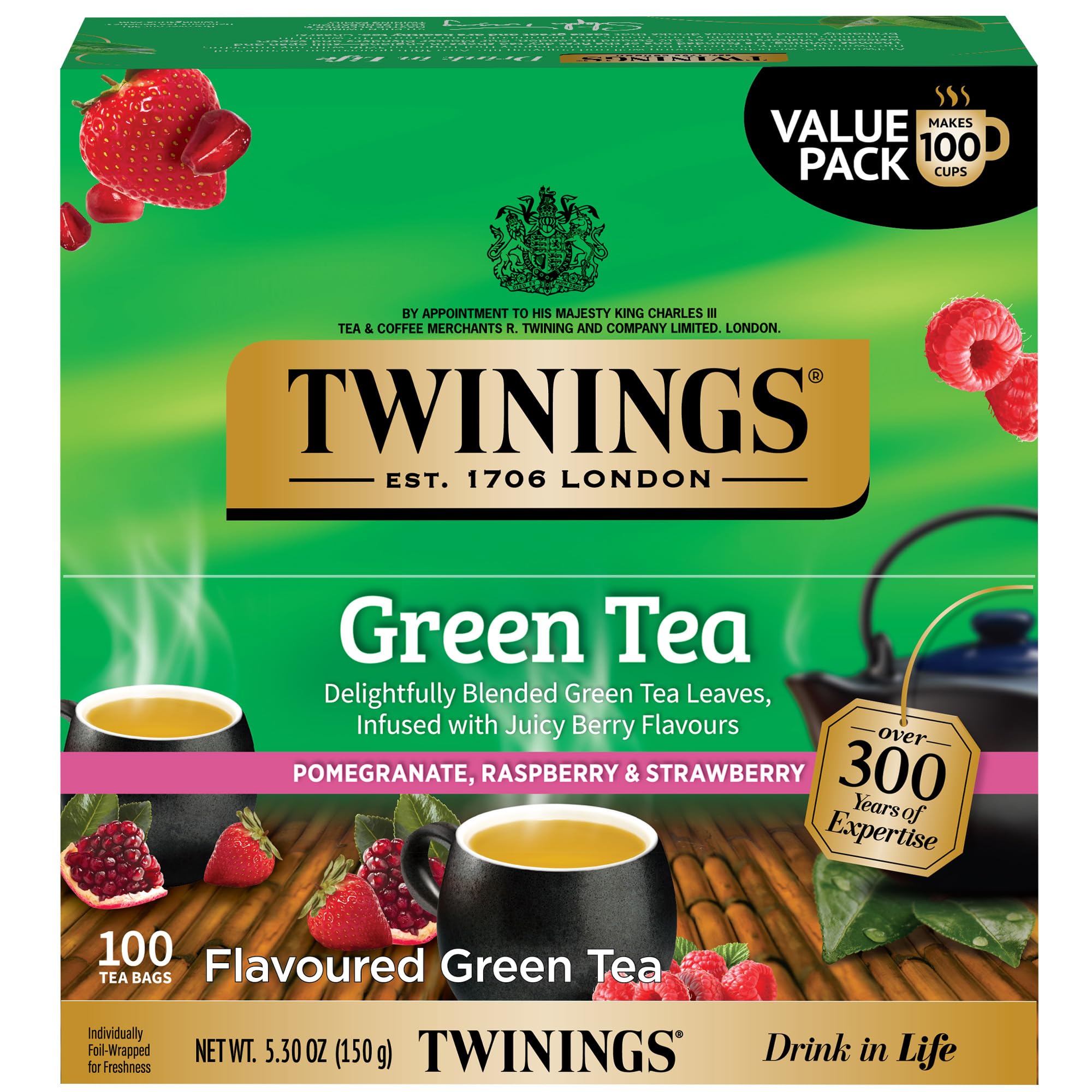 Twinings front packaging showing green pomegranate raspberry strawberry tea for easy selection