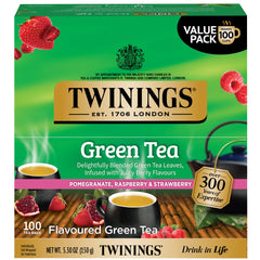 Twinings front packaging showing green pomegranate raspberry strawberry tea for easy selection