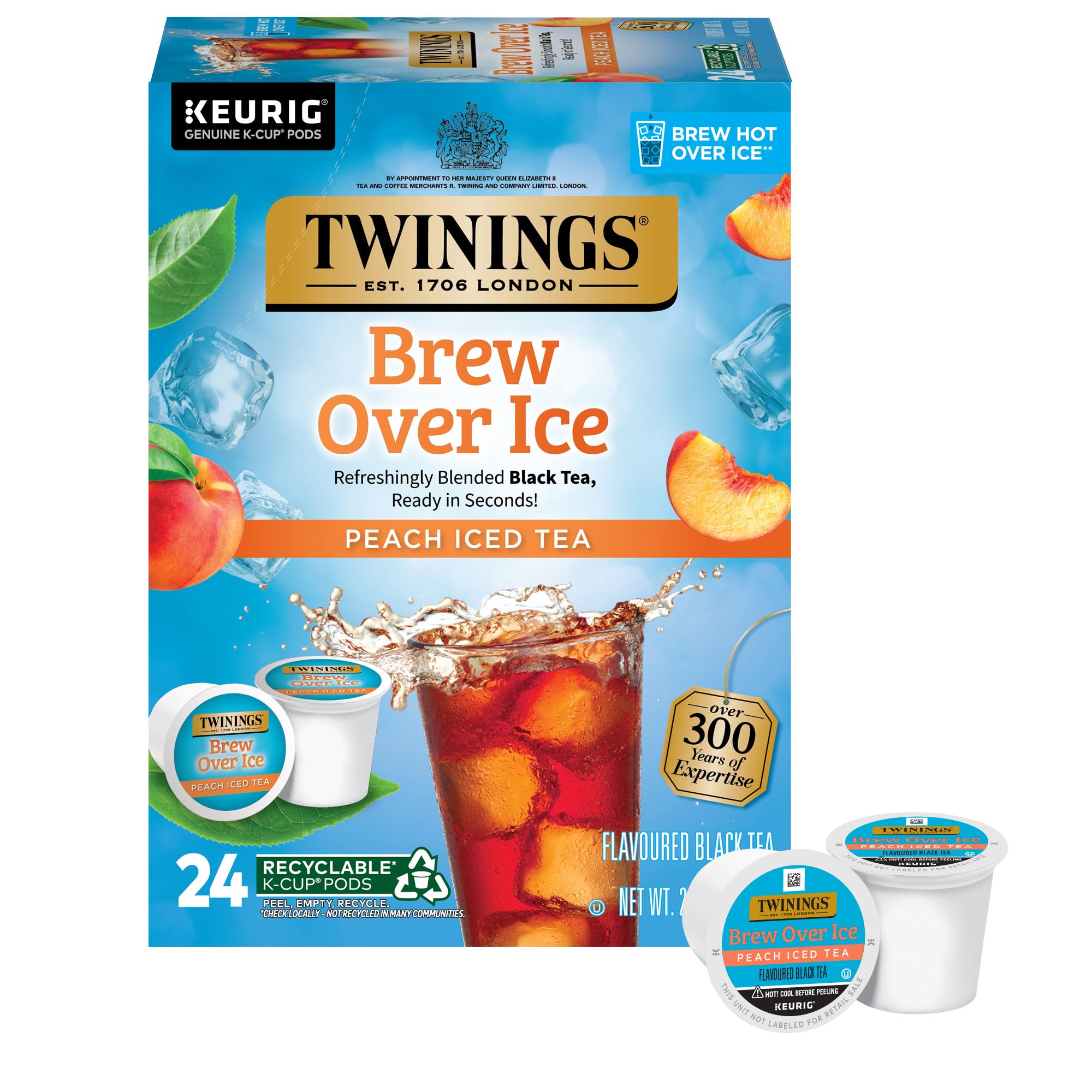 Twinings front packaging showing peach iced tea K-Cups and clear contents benefit convenience