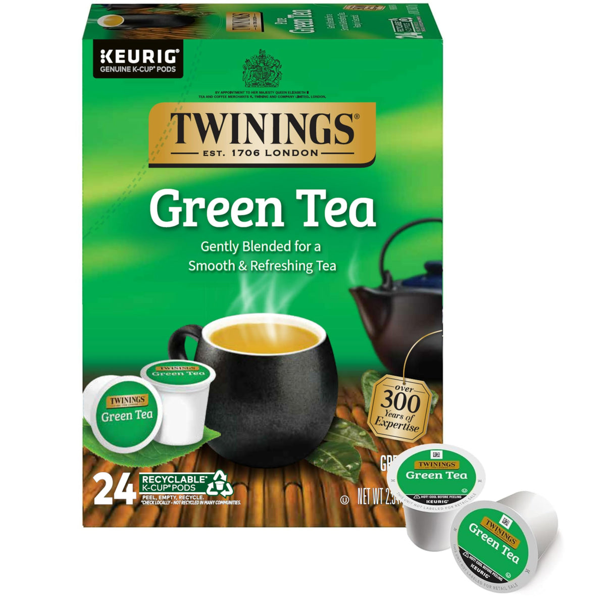 Twinings box front showing 24 green tea K-Cup pods and convenient packaging benefit