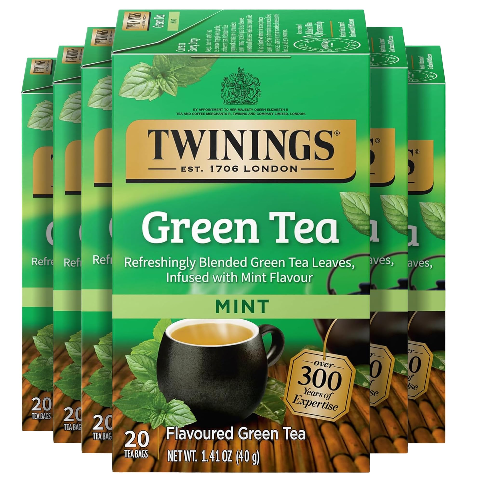 Twinings front packaging showing 120 mint green tea bags and benefits