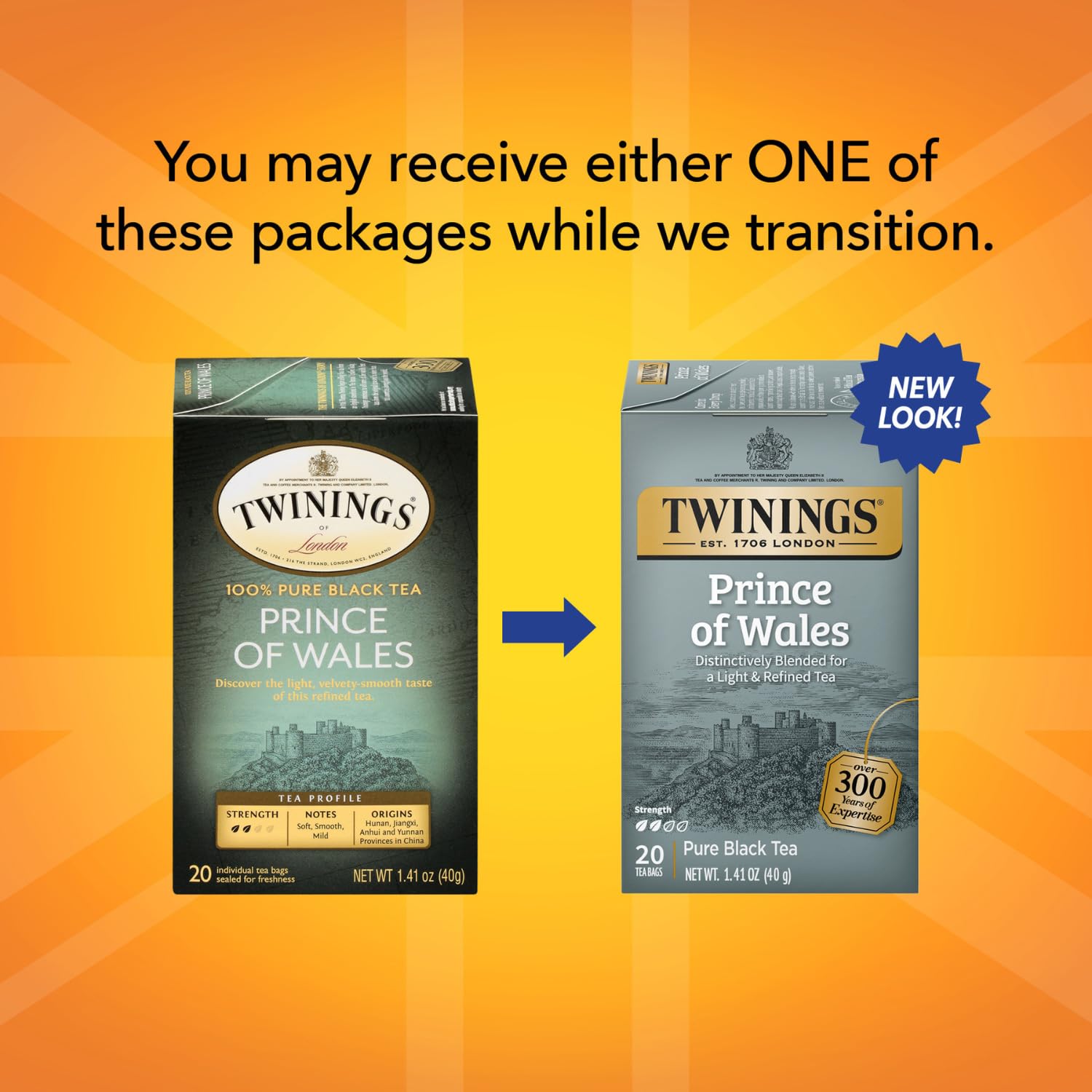 Individually wrapped Twinings tea bag emphasizing freshness and portability benefits