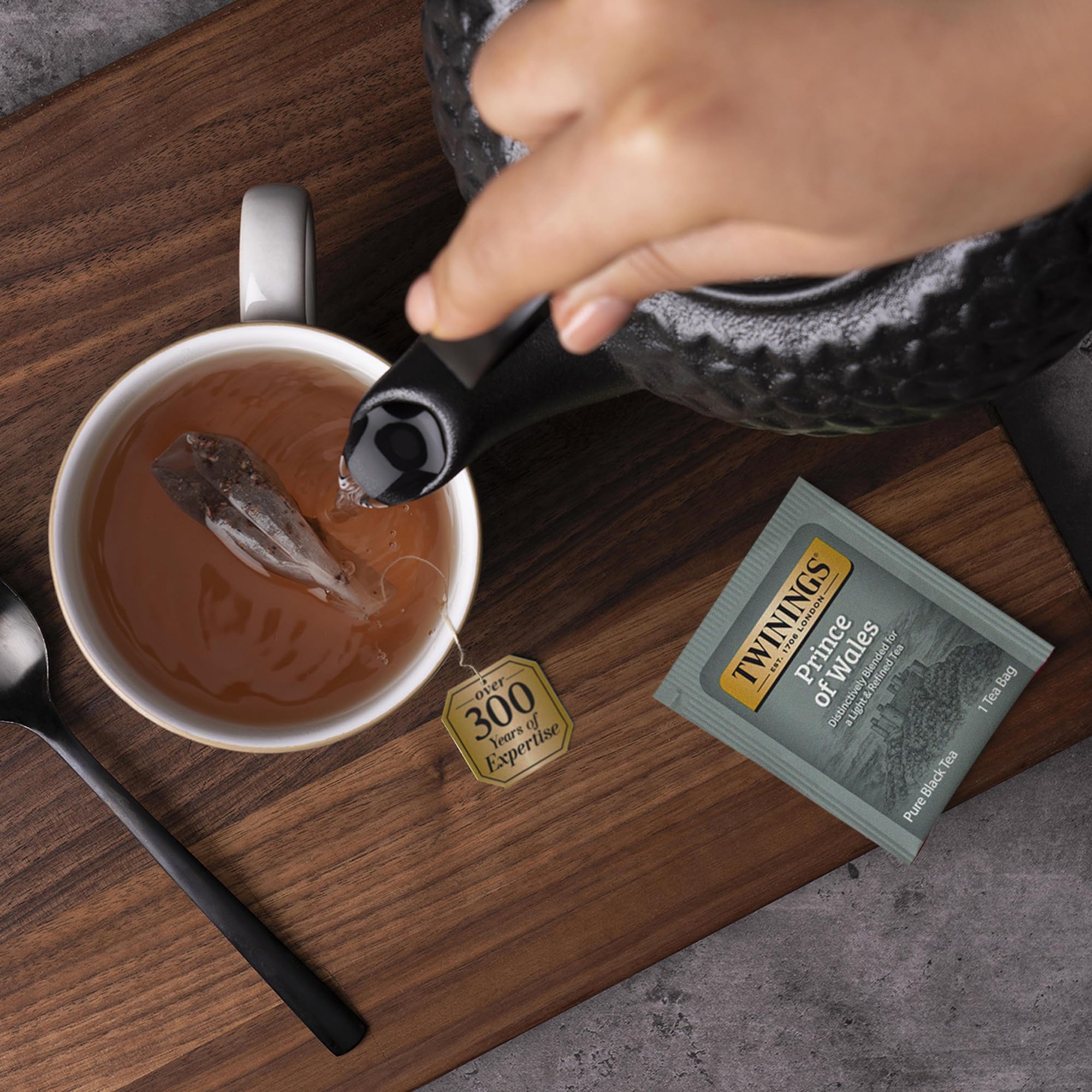 Twinings product label close-up showing blend details and clear ingredient info benefit