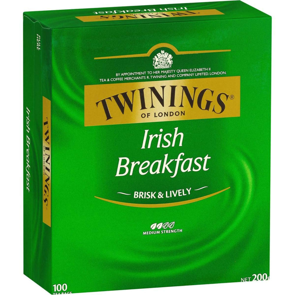 Twinings front box packaging showing Irish Breakfast and 100 count benefit
