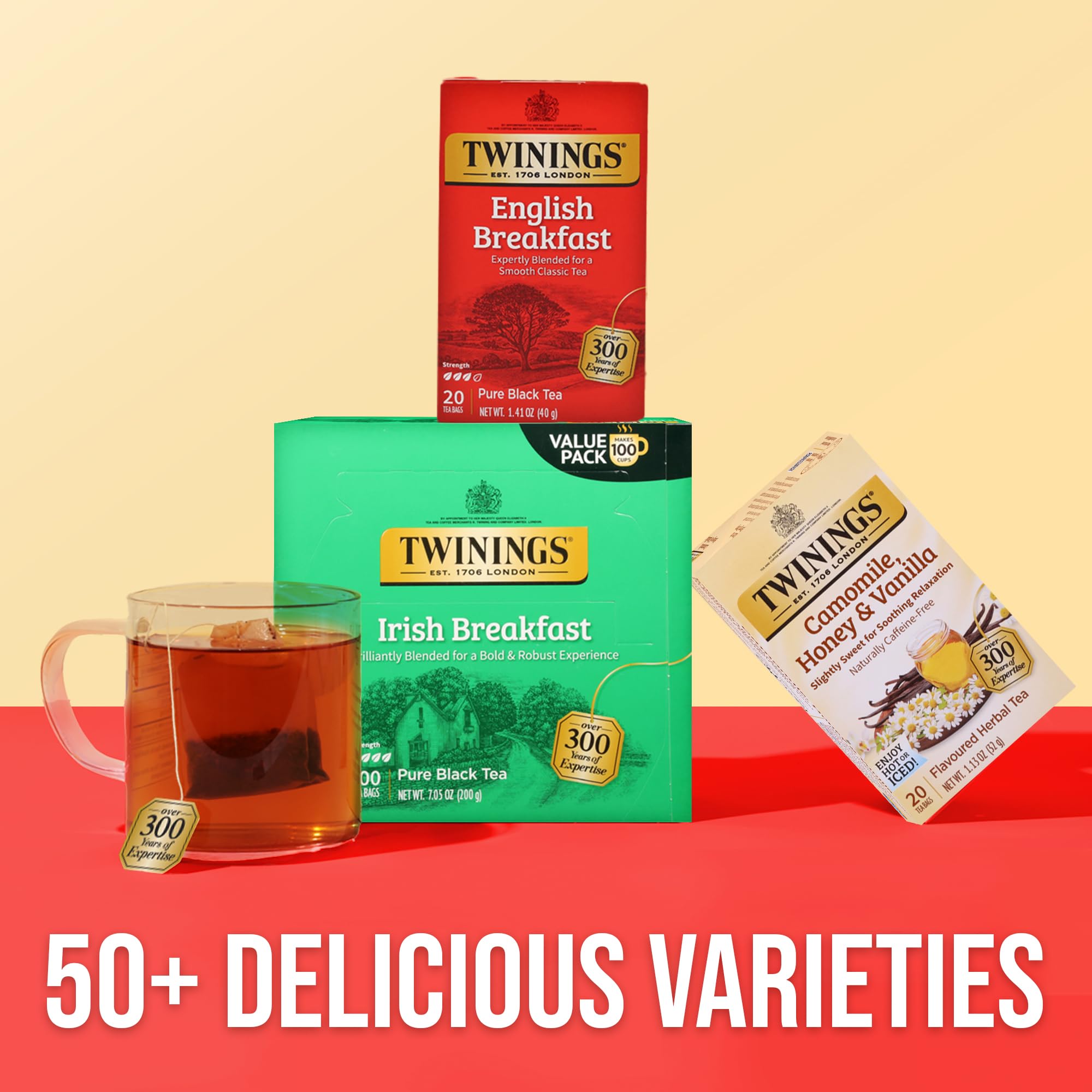 Twinings 100-count box beside a ruler showing pack size and value