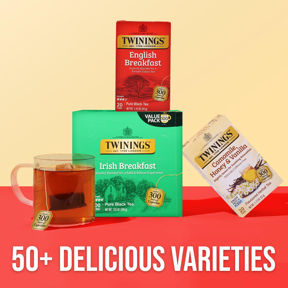 Twinings 100-count box beside a ruler showing pack size and value