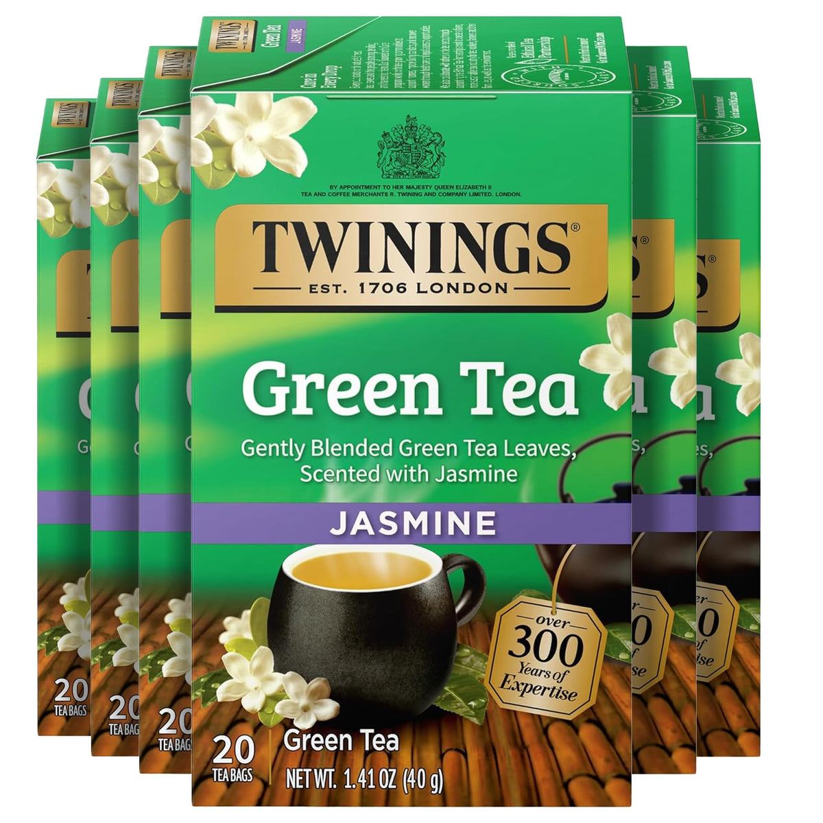 Twinings front box showing jasmine green tea and packaging benefit
