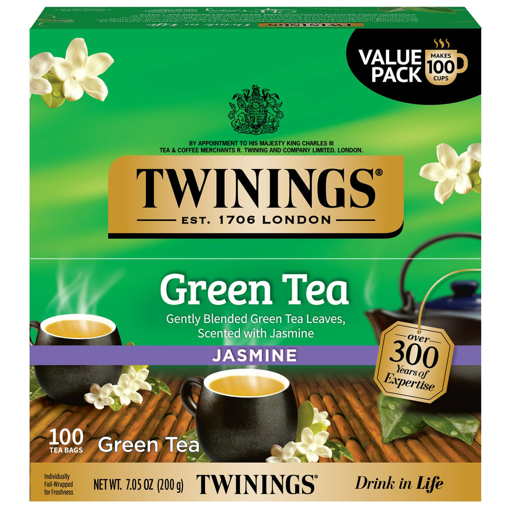 Twinings front packaging showing 100-count box and jasmine aroma benefit